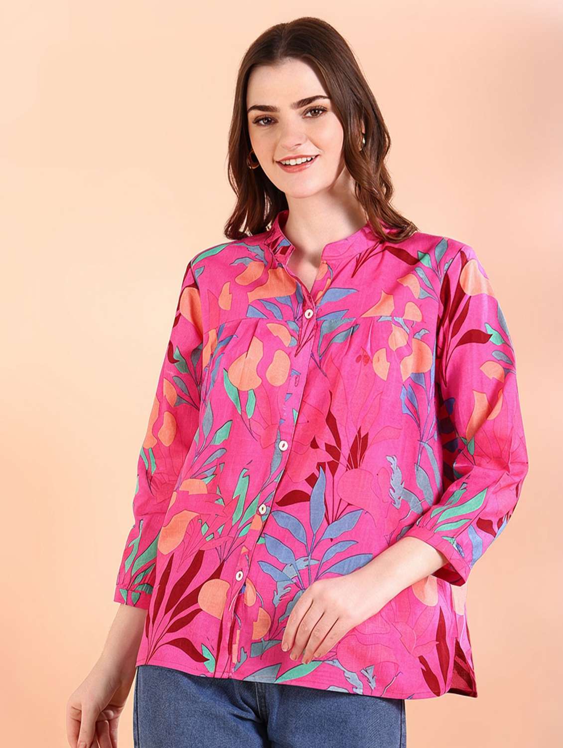 women printed bishop sleeve relaxed fit shirt