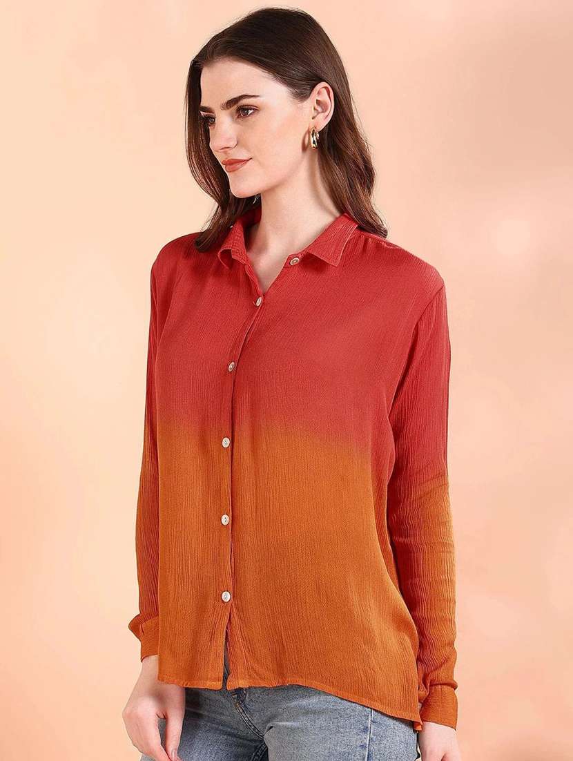 women ombre print collared long sleeve shirt