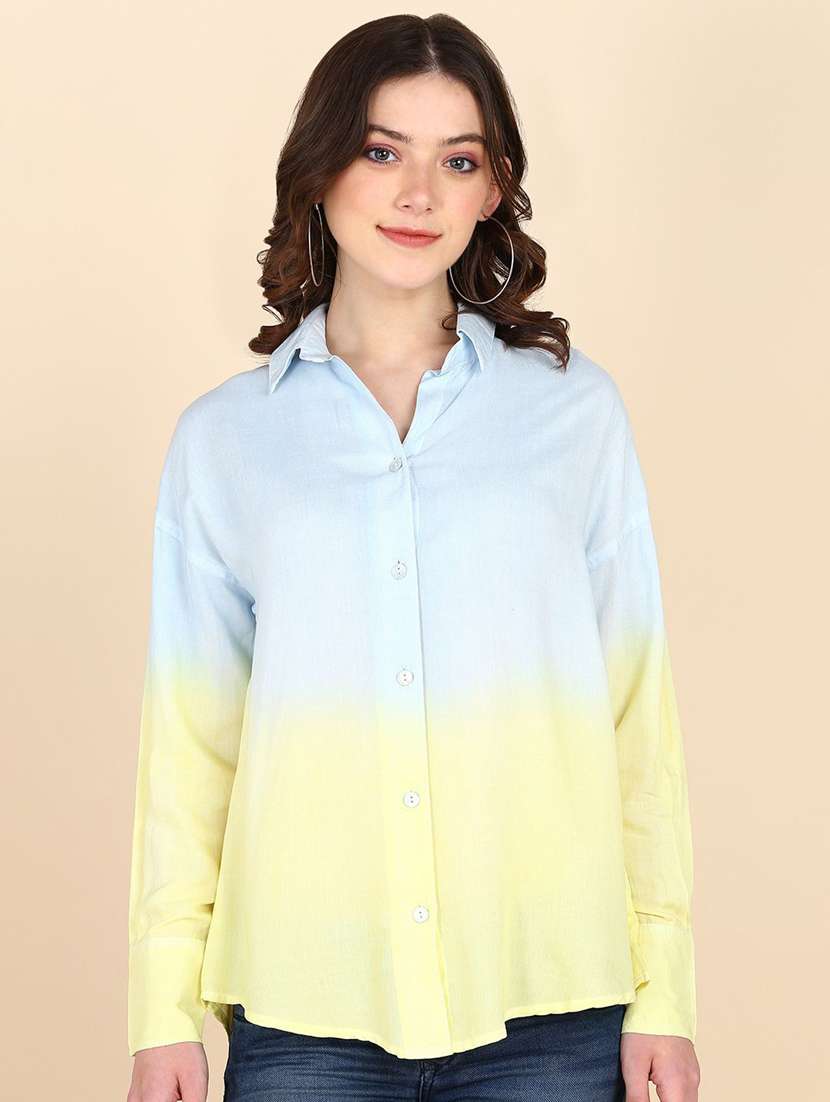 women ombre print collared long sleeve shirt