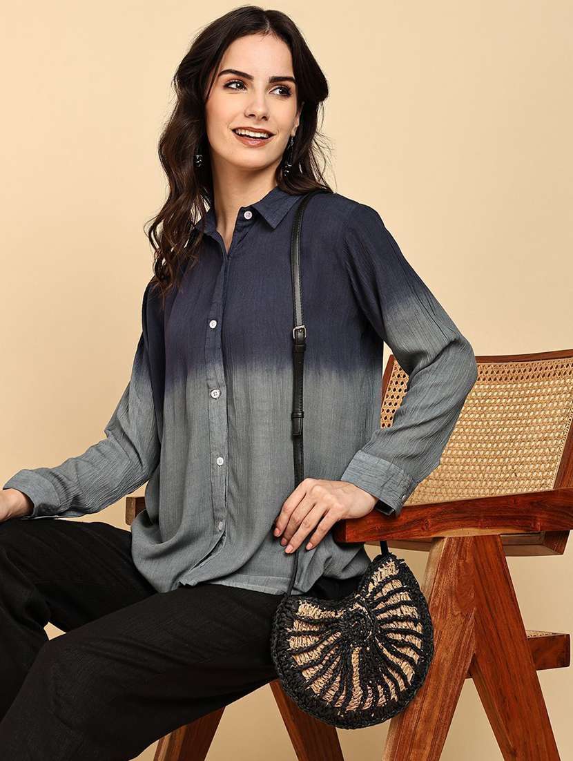 women ombre print collared long sleeve shirt