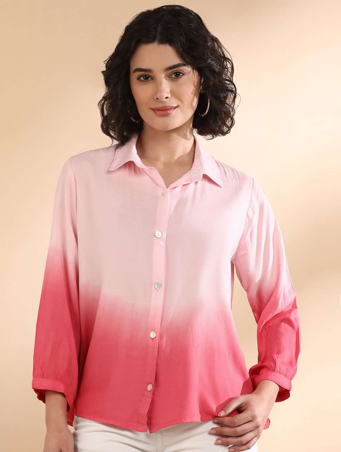 women ombre print collared long sleeve shirt