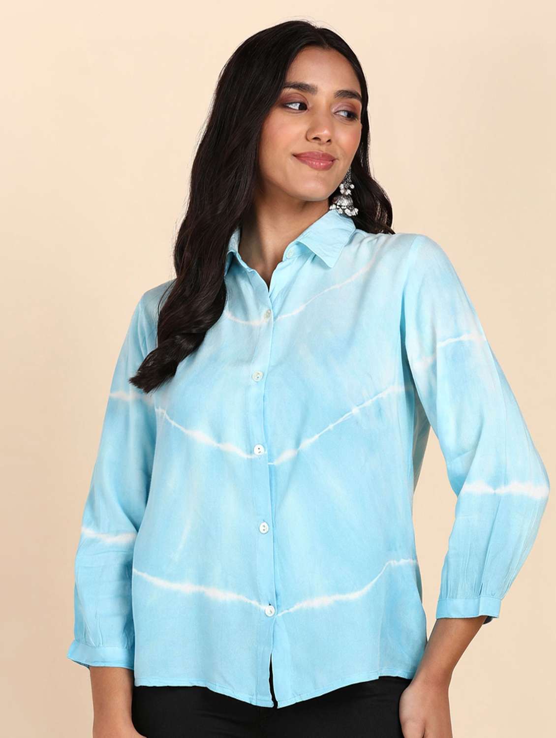 women tie and dyed collared bishop sleeve shirt
