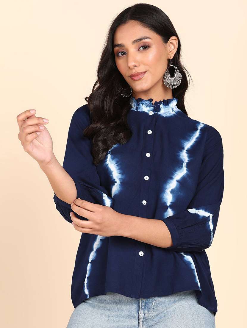 women self design blue viscose regular shirt