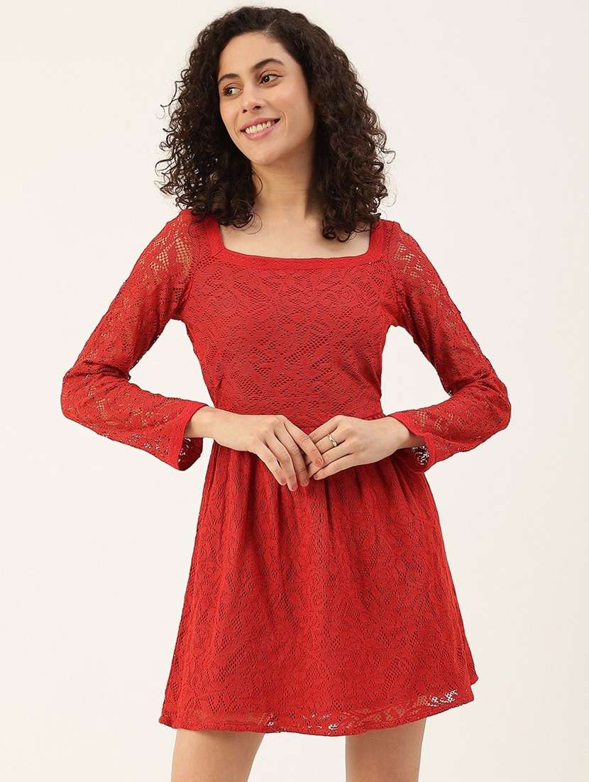 women red lace fit & flare dress