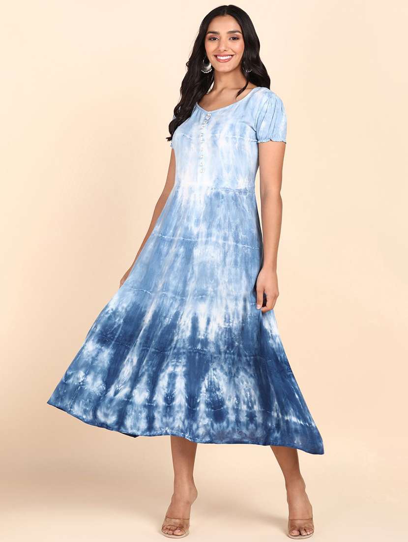 women fit & flare blue tie & dye dress