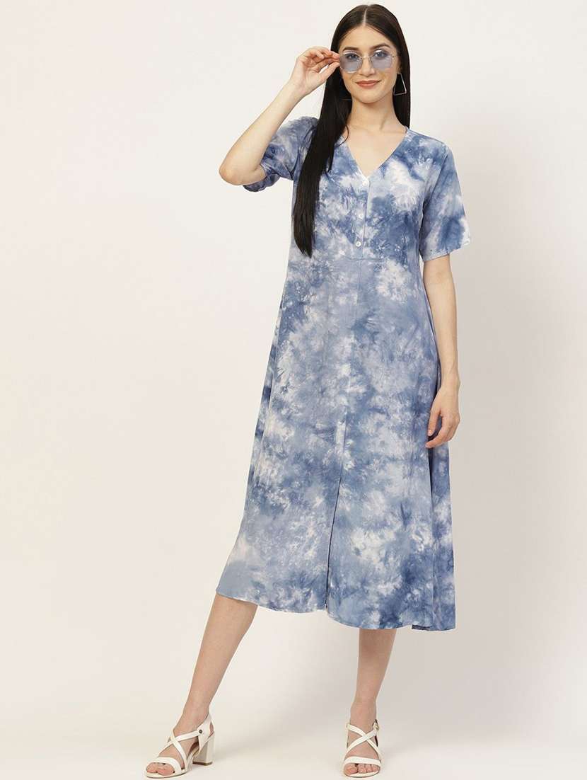 women blue viscose a-line dress