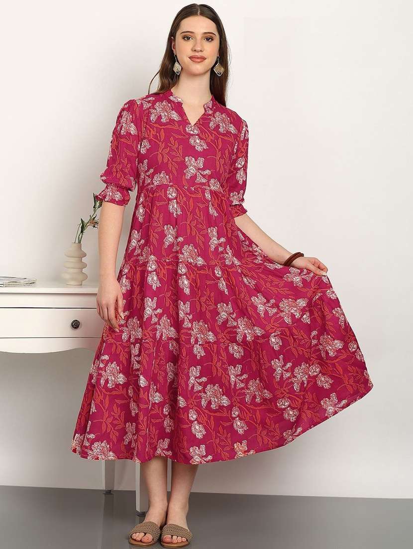 women floral print pink cotton tiered midi dress