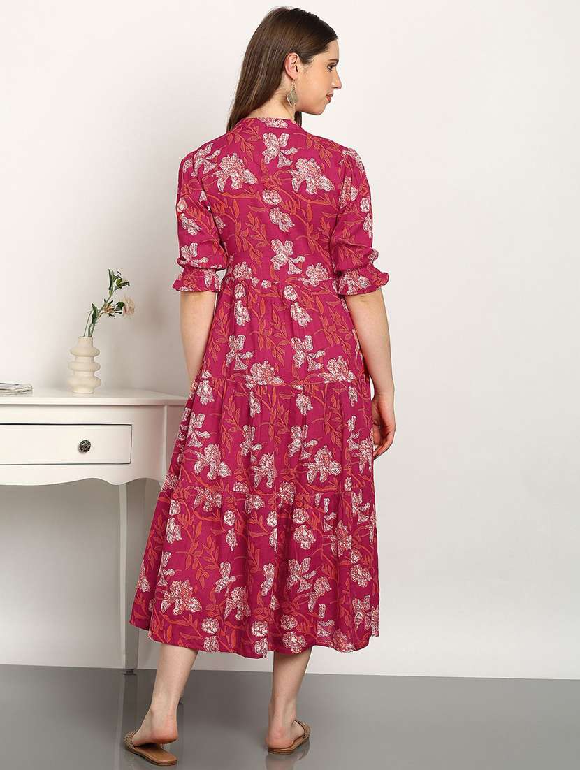 women floral print pink cotton tiered midi dress - 22407610 -  Standard Image - 3