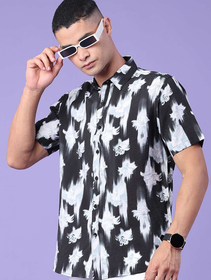 men printed short sleeve slim fit casual shirt