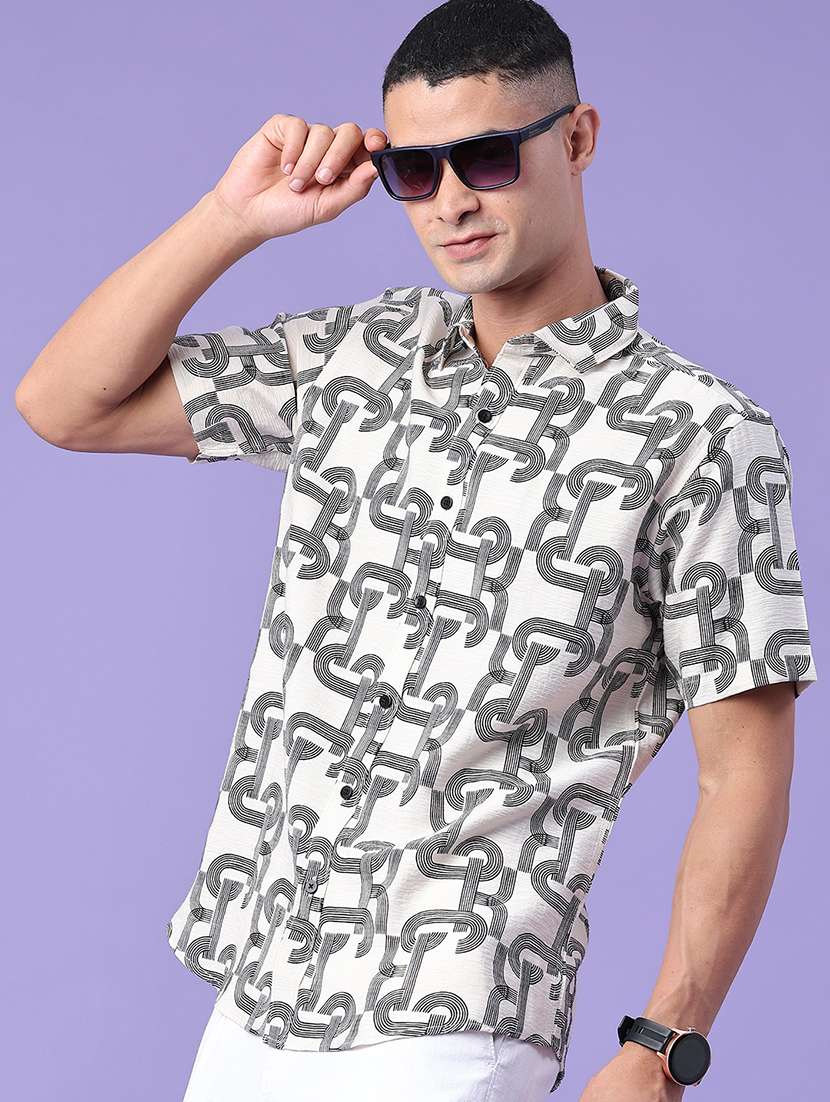 men printed short sleeve slim fit casual shirt