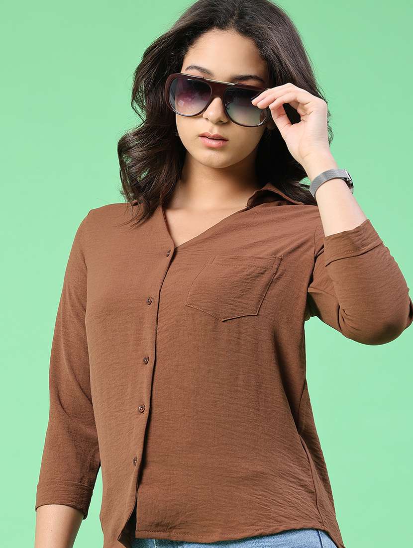 women solid three quarter sleeves collared shirt