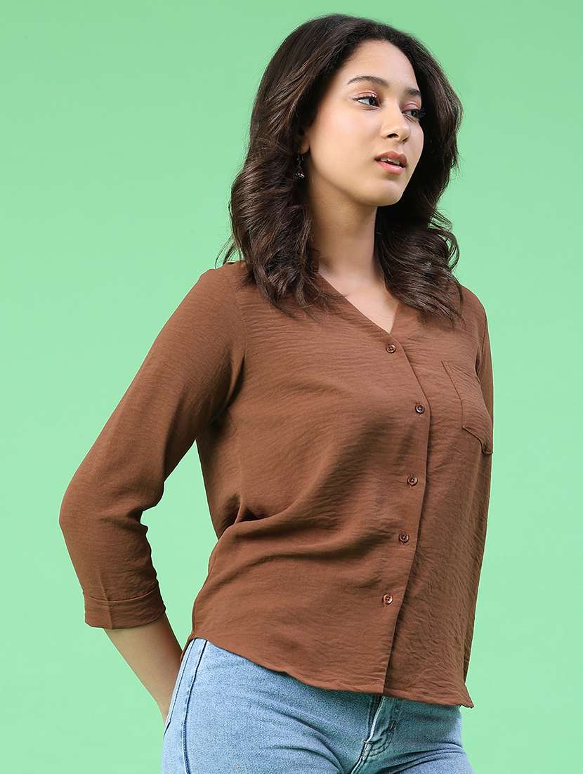 women solid three quarter sleeves collared shirt - 22407872 -  Standard Image - 3