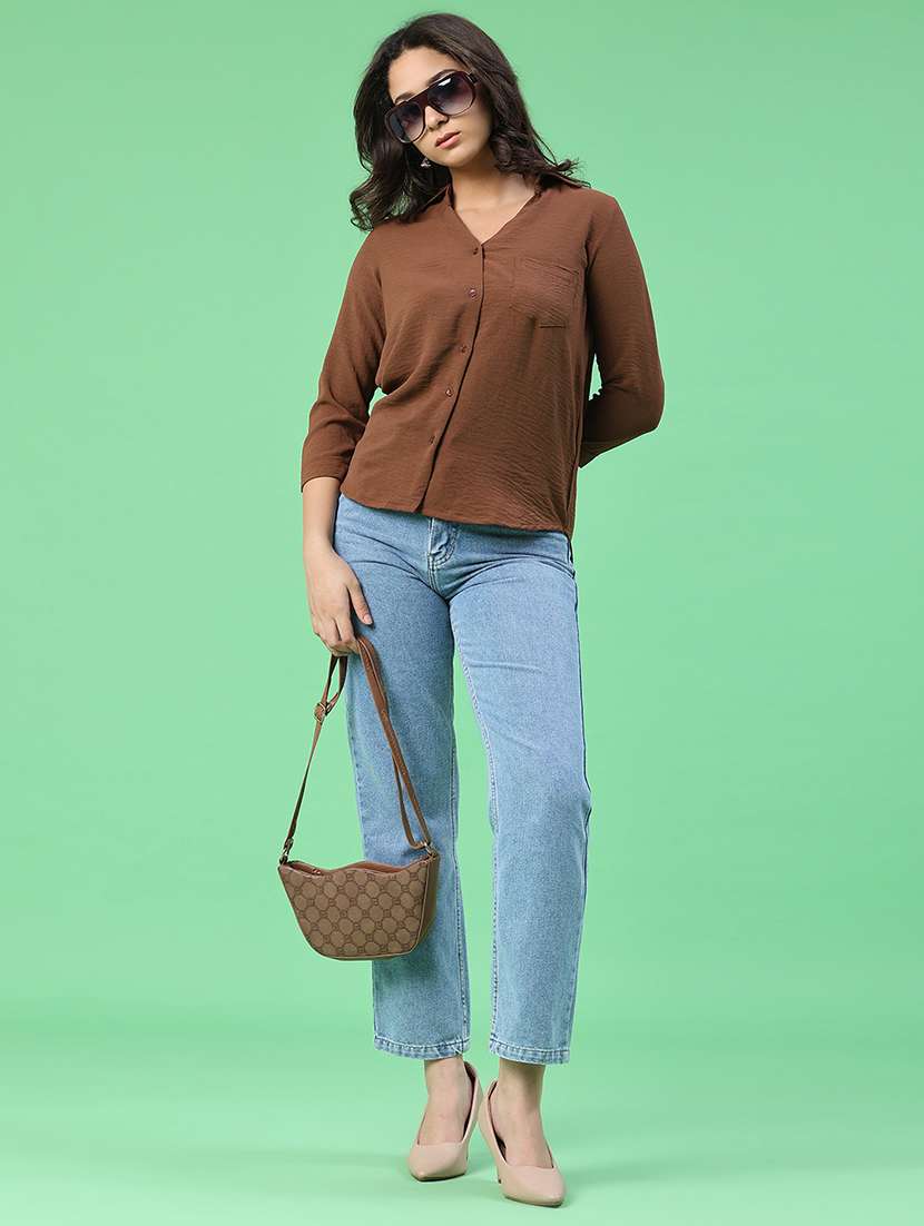 women solid three quarter sleeves collared shirt - 22407872 -  Standard Image - 5