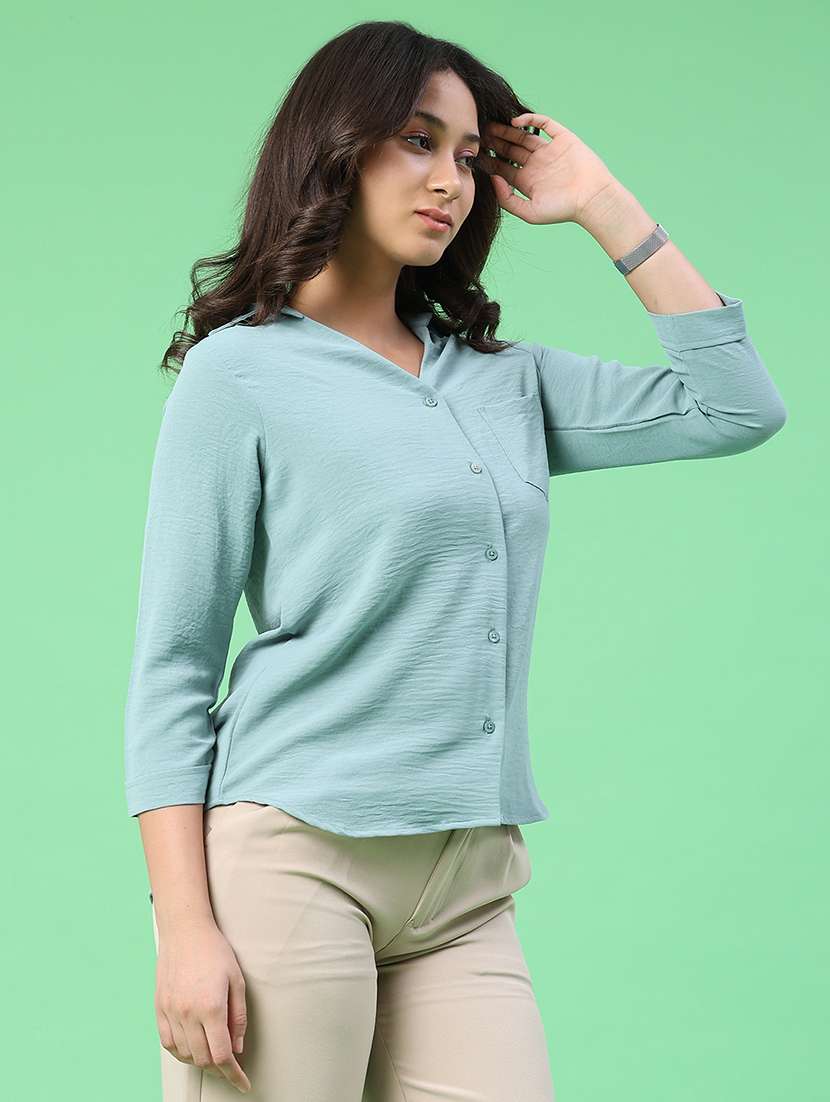 women solid three quarter sleeves collared shirt - 22407873 -  Standard Image - 3