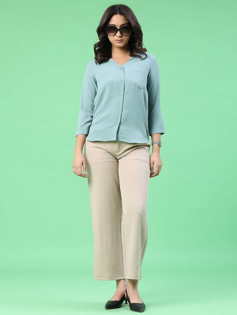 women solid three quarter sleeves collared shirt - 22407873 -  Standard Image - 5