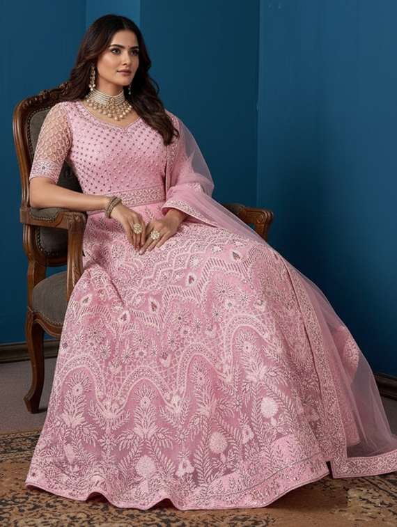 women solid with work semi-stitched gown with dupatta - 22408011 -  Standard Image - 3