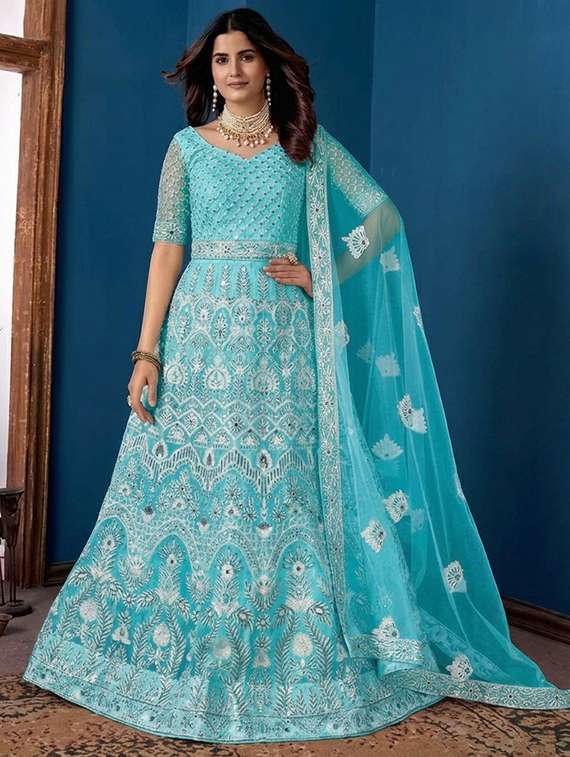women solid with work semi-stitched gown with dupatta