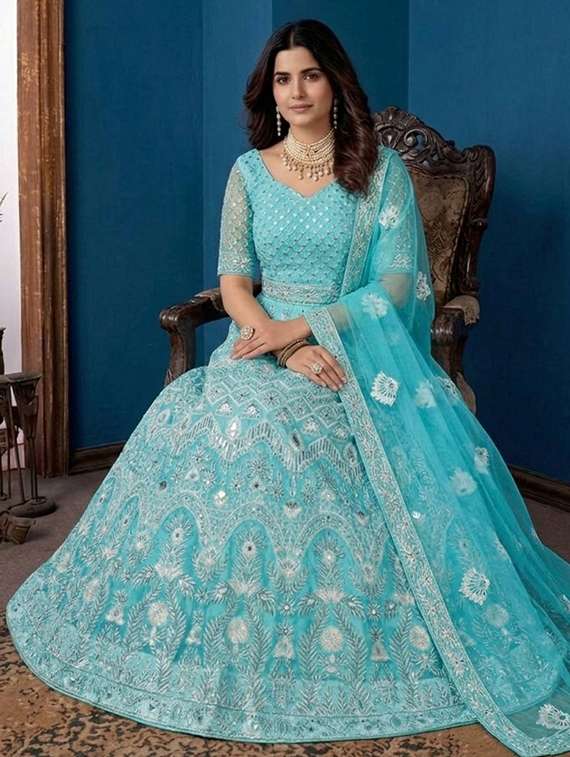 women solid with work semi-stitched gown with dupatta - 22408012 -  Standard Image - 3