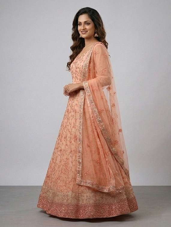 women solid with work semi-stitched gown with dupatta - 22408017 -  Standard Image - 3