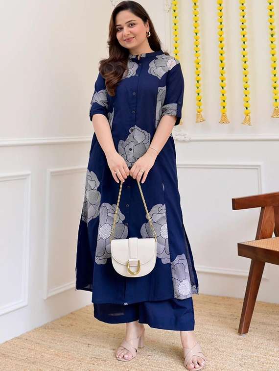 women printed roll up sleeve kurta and palazzo set
