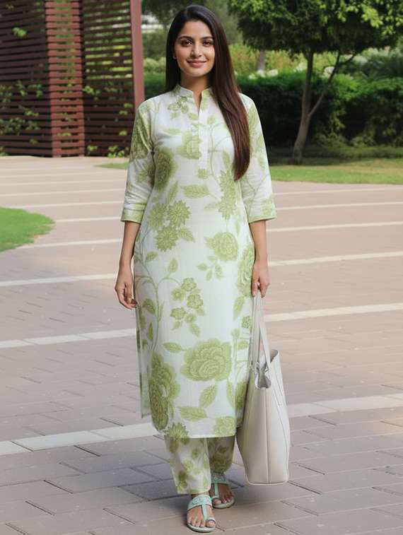 women printed three quarter sleeve kurta and pant set