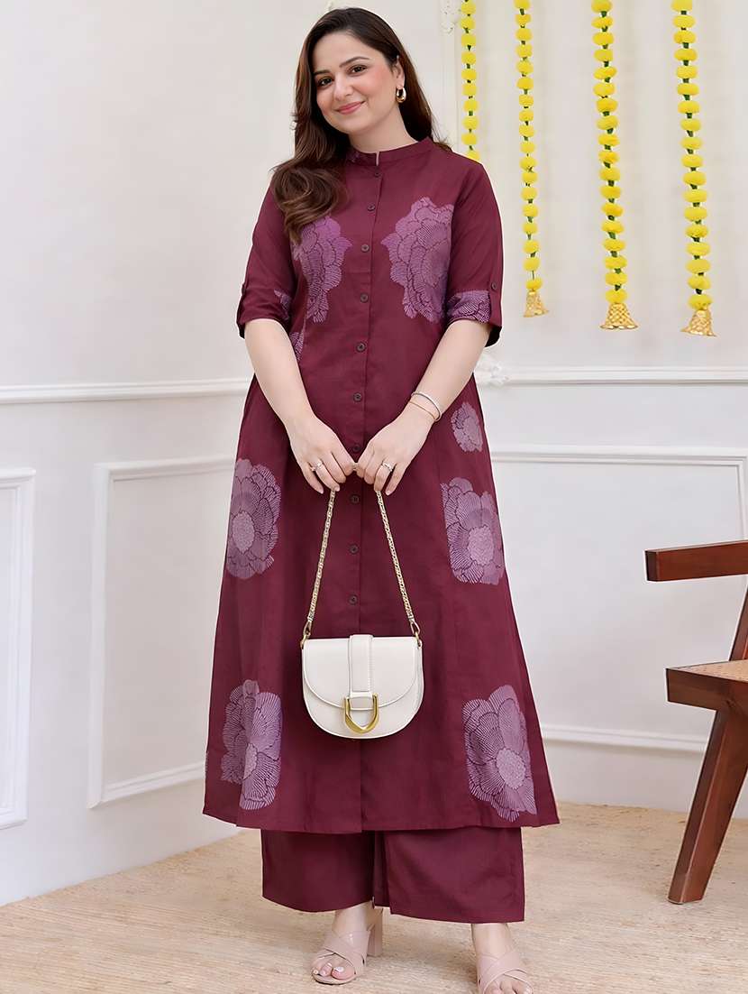 women printed roll up sleeve kurta and palazzo set