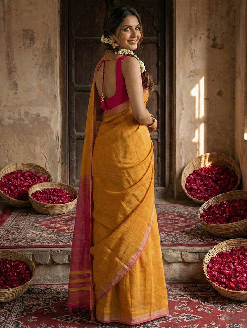 women solid handloom saree with blouse - 22408064 -  Standard Image - 3