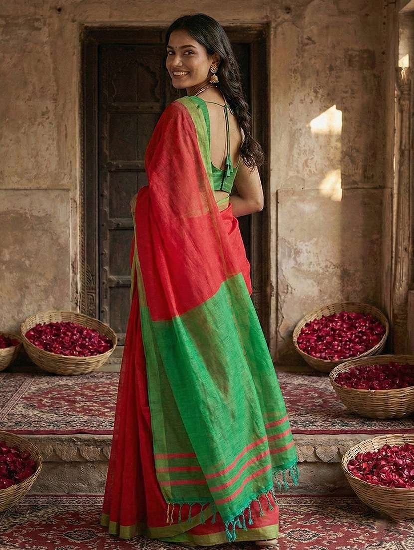 women solid handloom saree with blouse - 22408065 -  Standard Image - 3