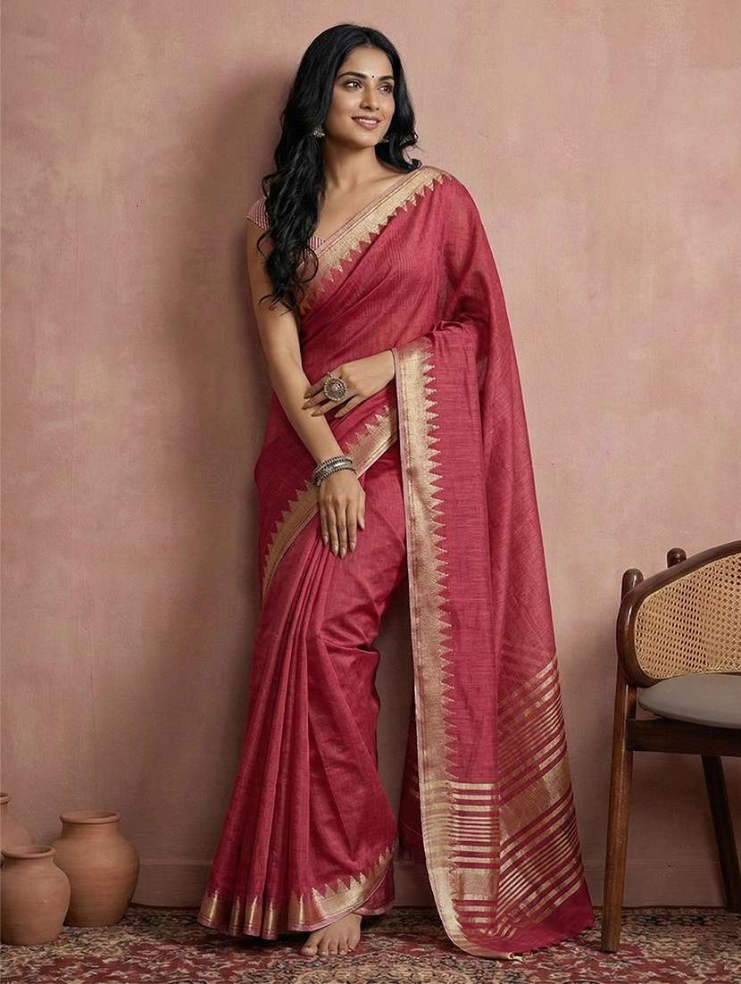 women solid with bordered saree with blouse