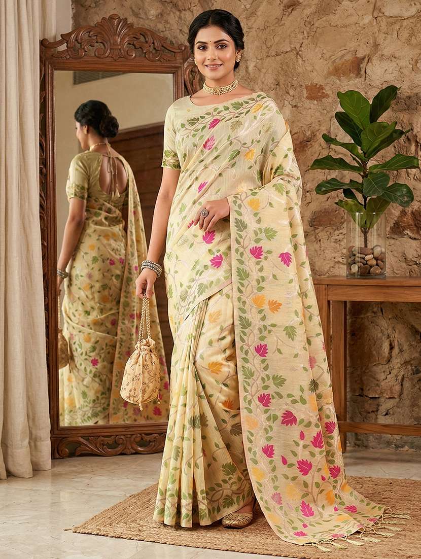 women floral weaving saree with tassel pallu with blouse