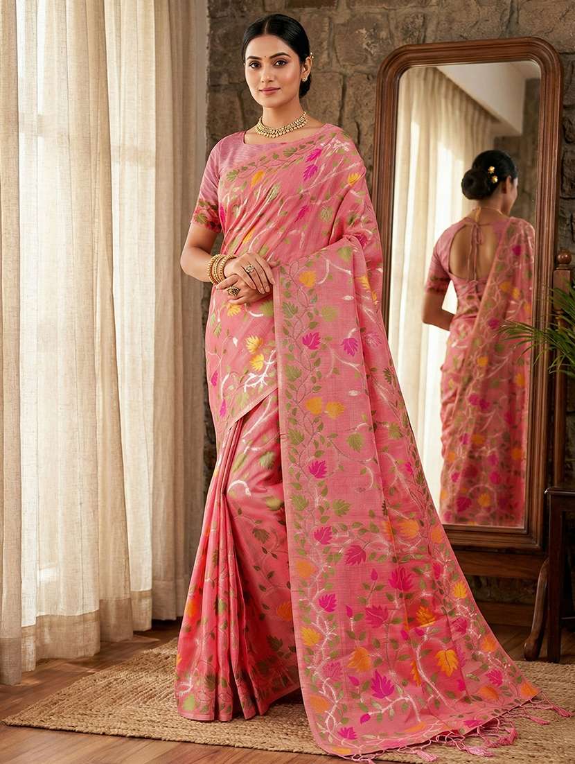 women floral weaving saree with tassel pallu with blouse