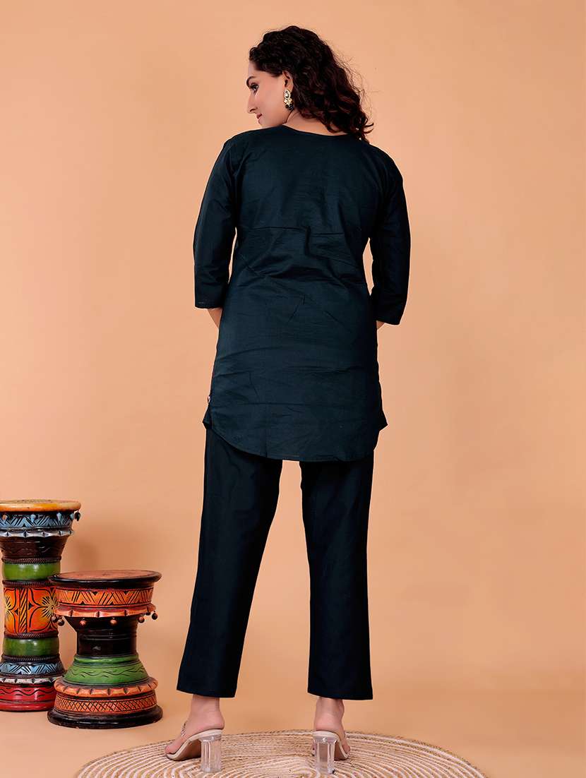 women solid with work three quarter sleeve ethnic co-ord set - 22408671 -  Standard Image - 3