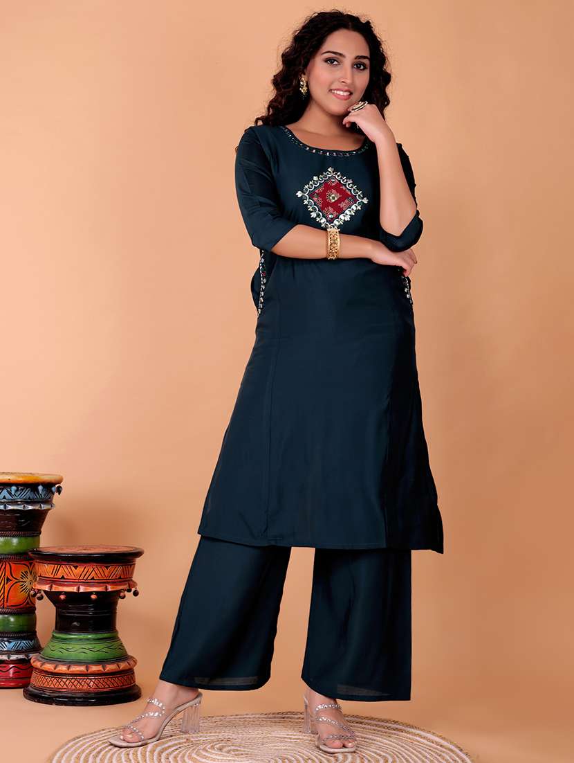 women solid with work three quarter sleeve kurta palazzo set