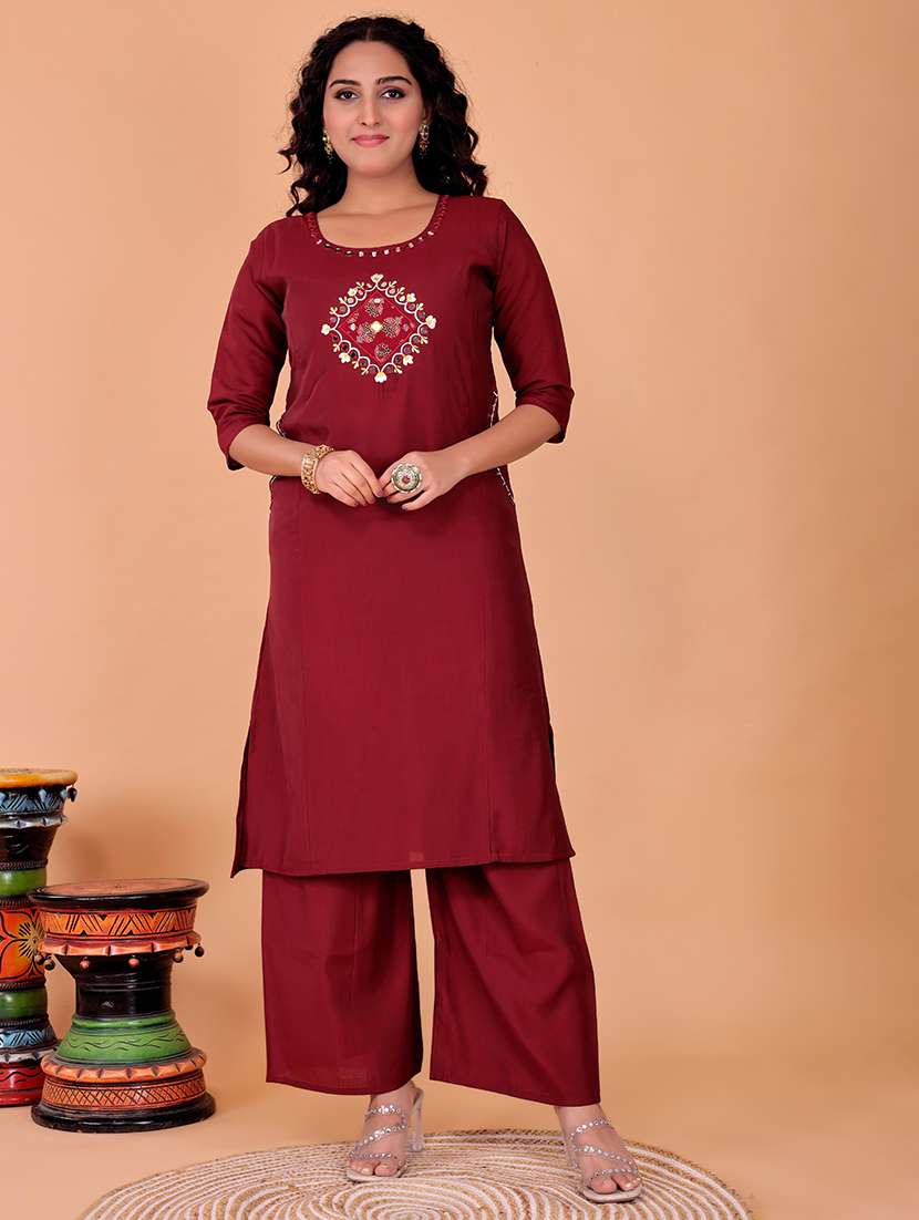 women solid with work three quarter sleeve kurta palazzo set