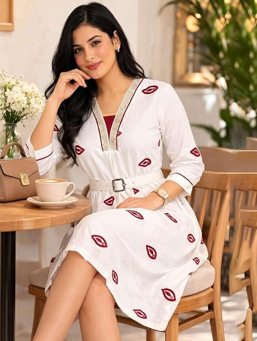 women embroidered v neck a-line dress