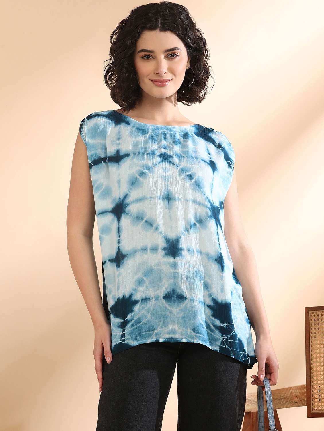 women printed blue viscose regular top