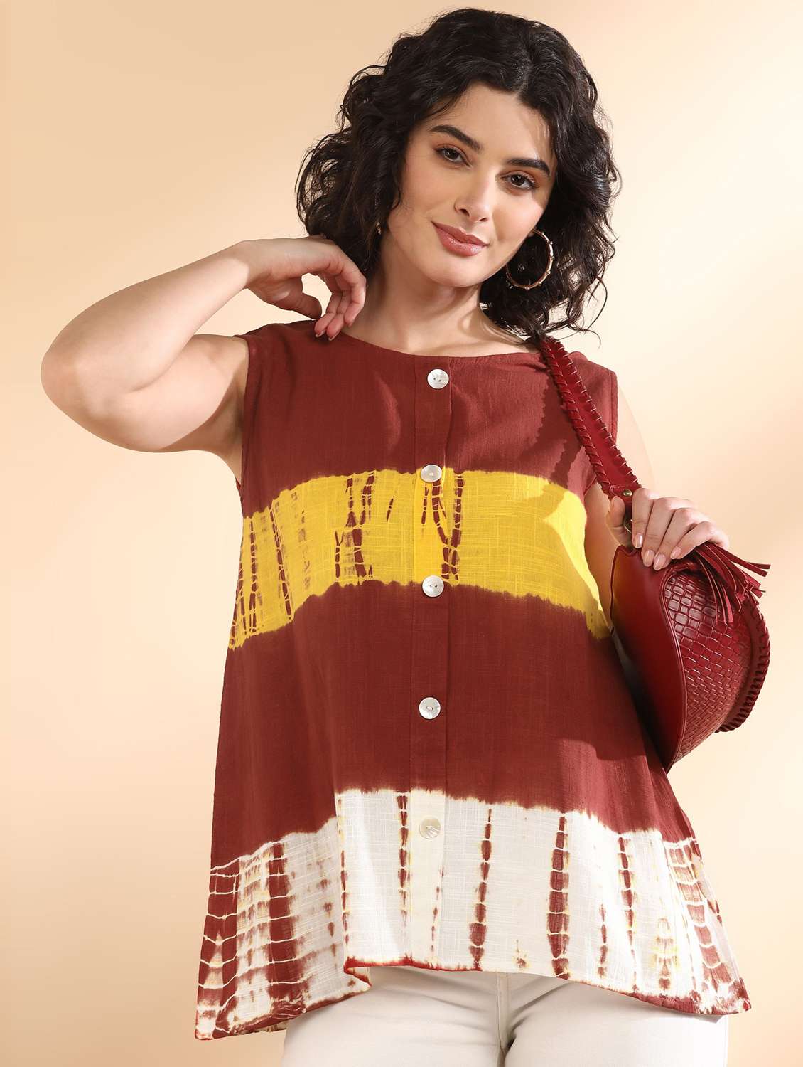 women printed red viscose regular top