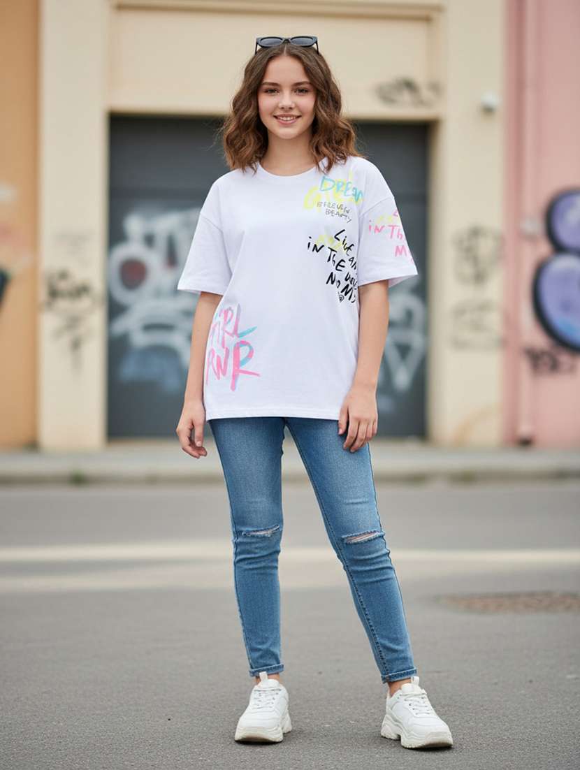 girls printed round neck regular tee