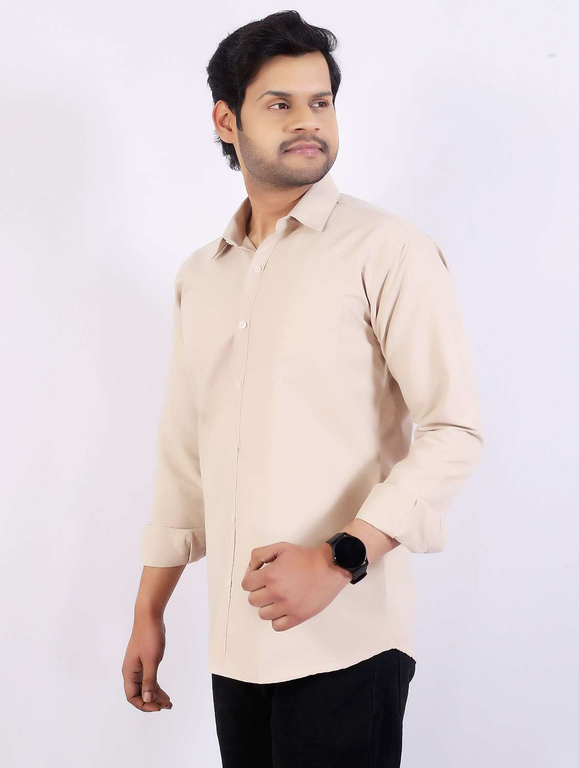 men solid collared long sleeve casual shirt