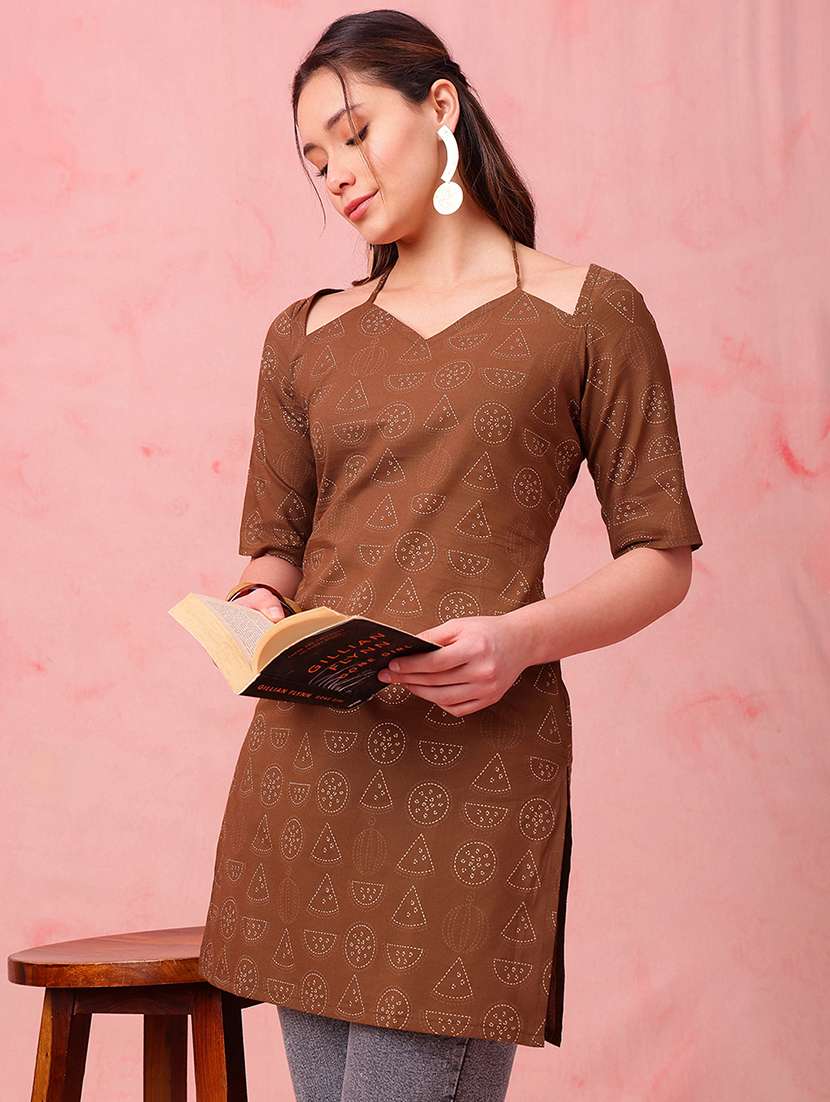women printed short sleeve straight kurti
