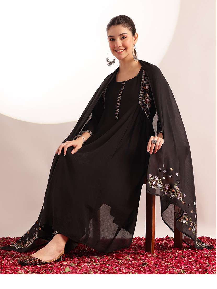 women solid with work three quarter sleeve kurta palazzo with dupatta set - 22410857 -  Standard Image - 3