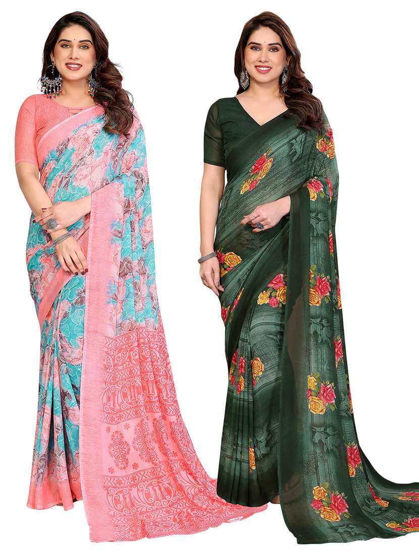 women pack of 2 printed combo saree with blouse