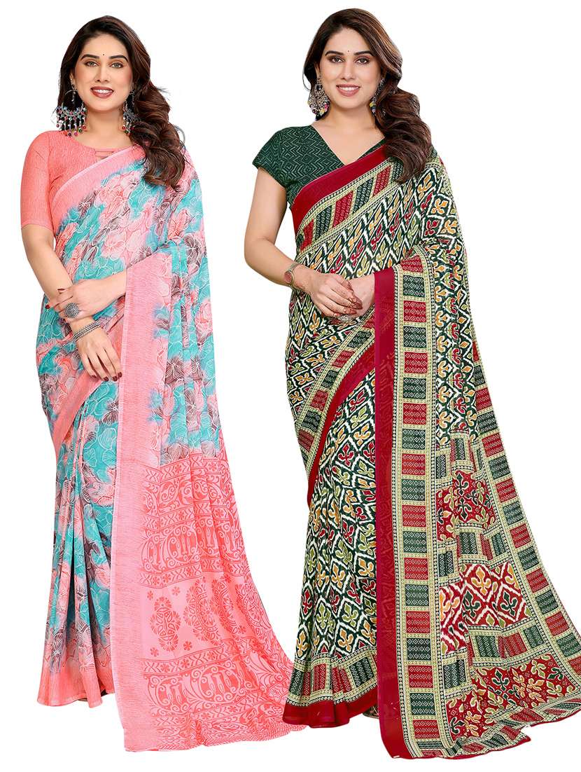 women pack of 2 printed combo saree with blouse