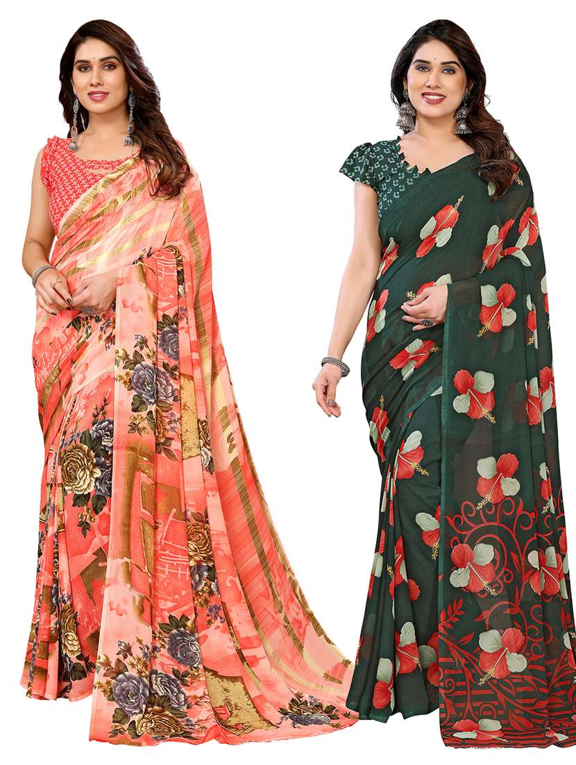 women pack of 2 printed combo saree with blouse