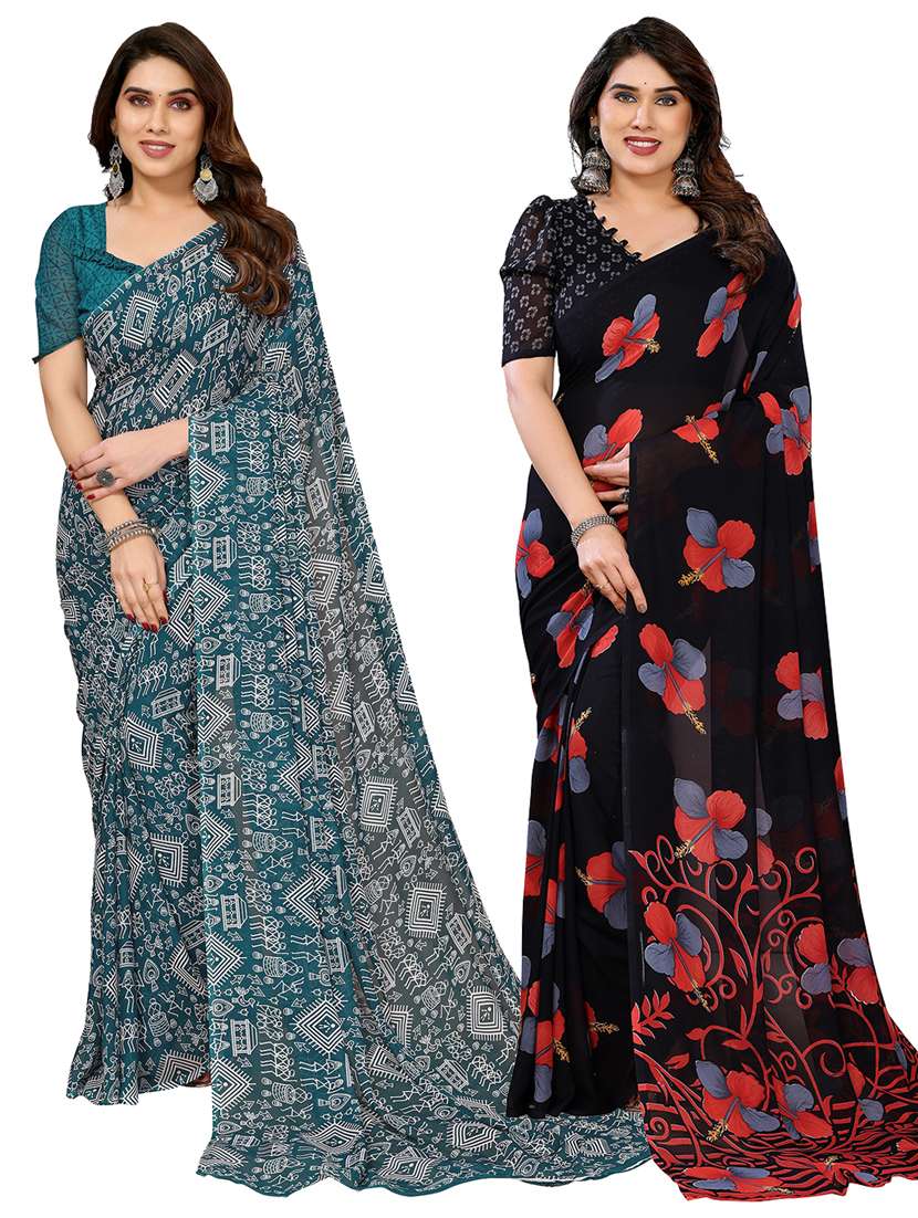 women pack of 2 printed combo saree with blouse