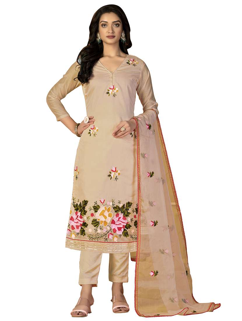 women solid with work unstitched suit set