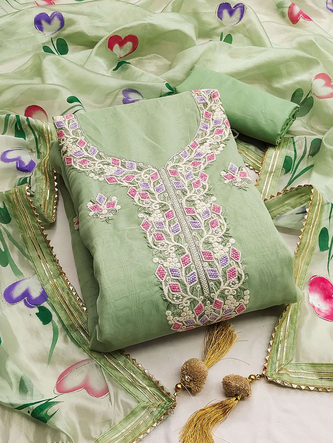 women solid with work unstitched suit set