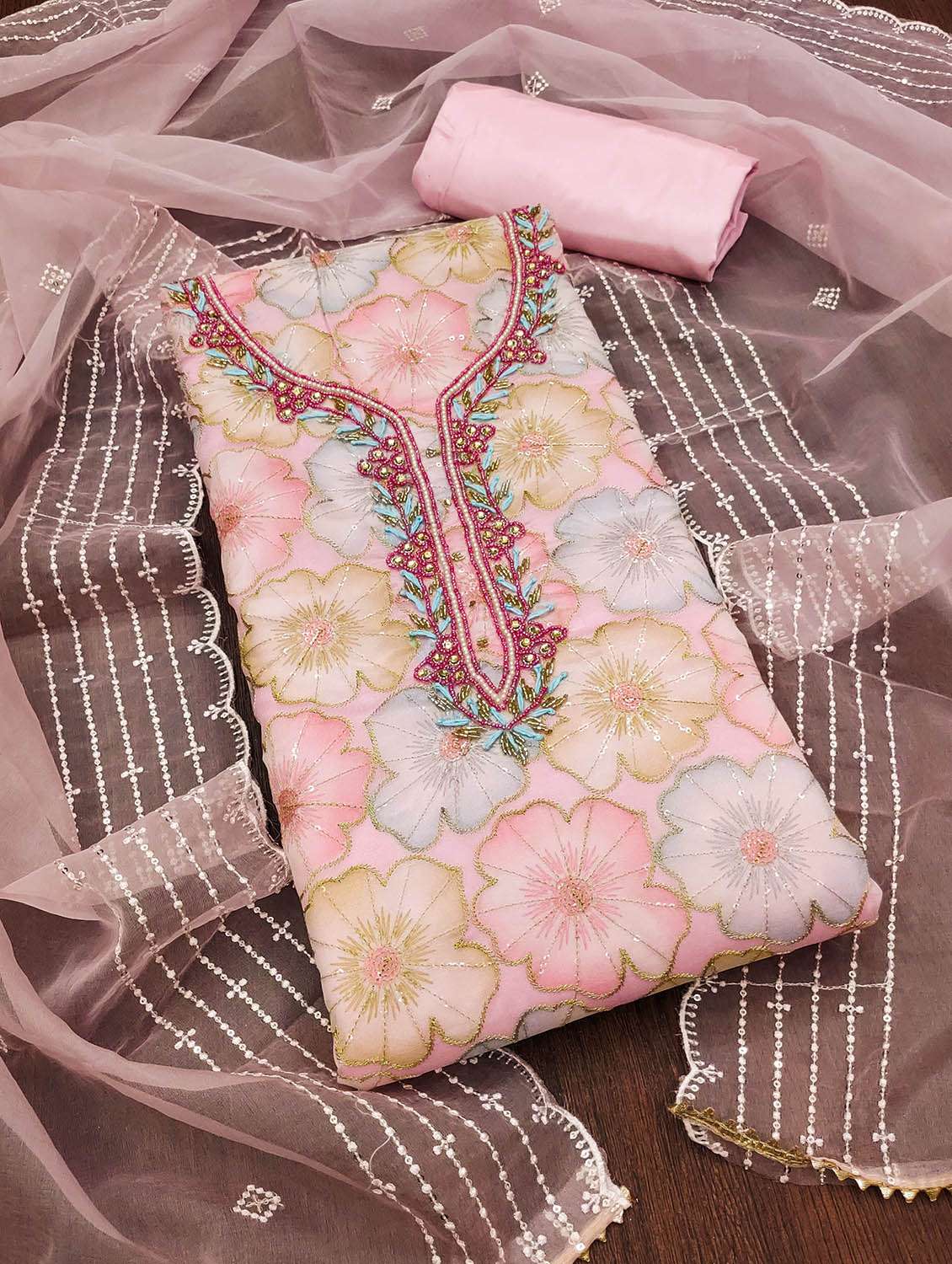 women floral printed unstitched suit set
