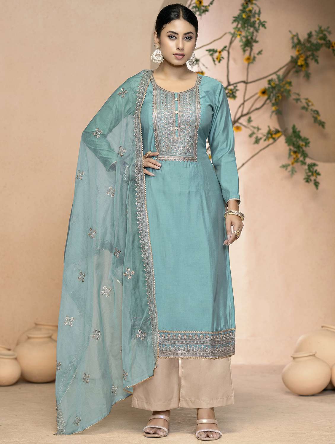 women solid with work embroidered unstitched suit set