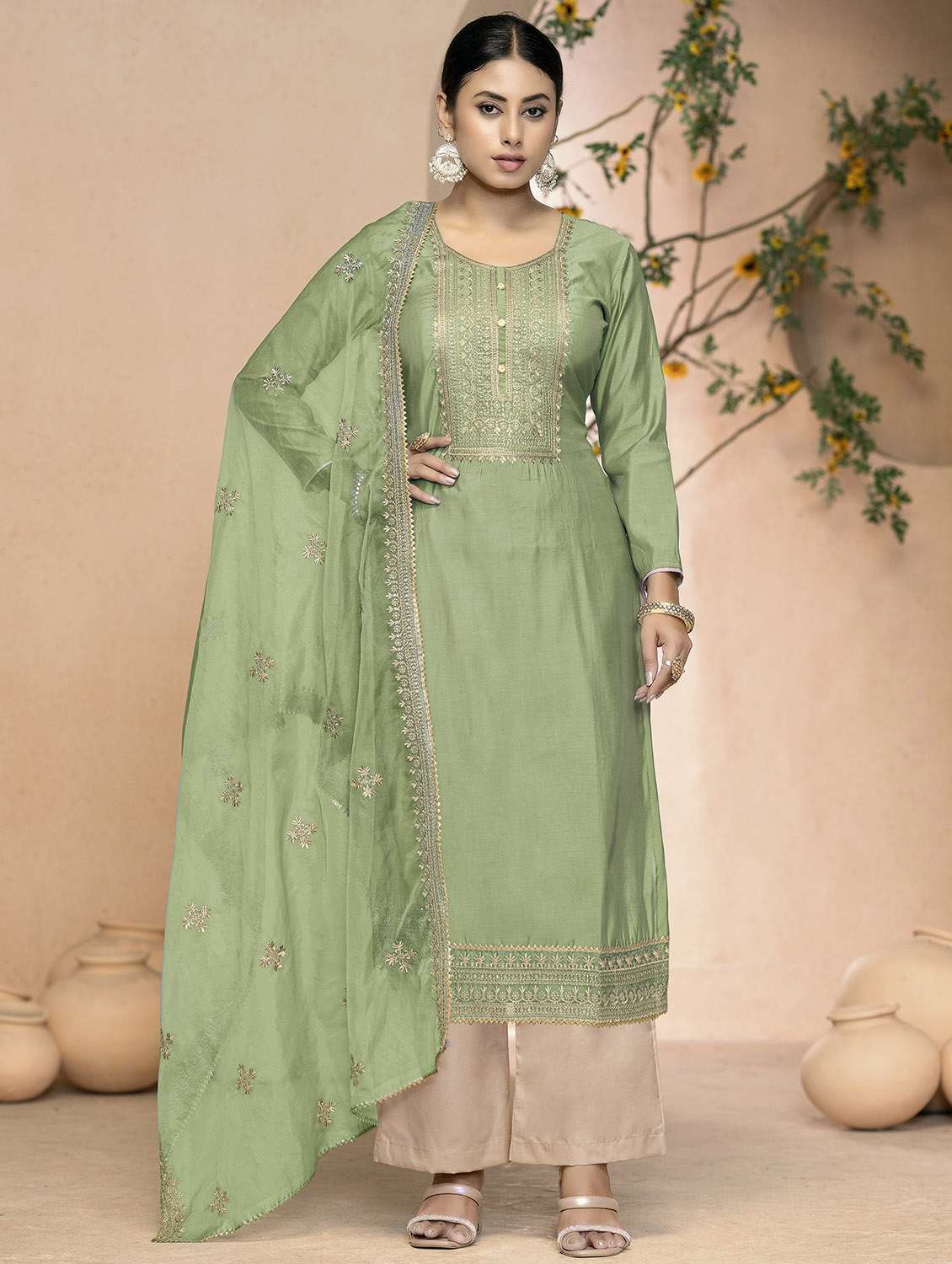 women solid with work embroidered unstitched suit set